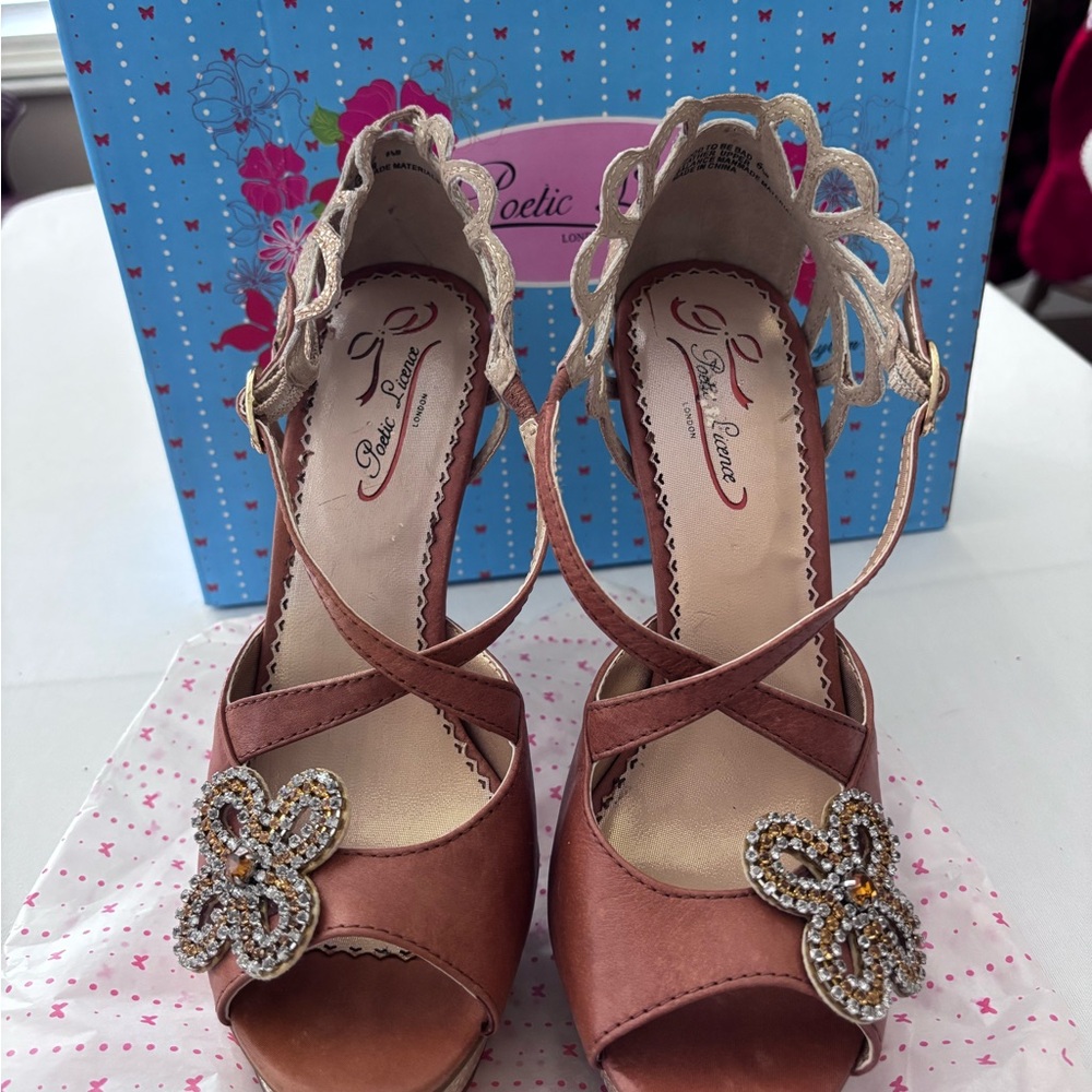 Poetic License Tan Heels with Beaded Flower